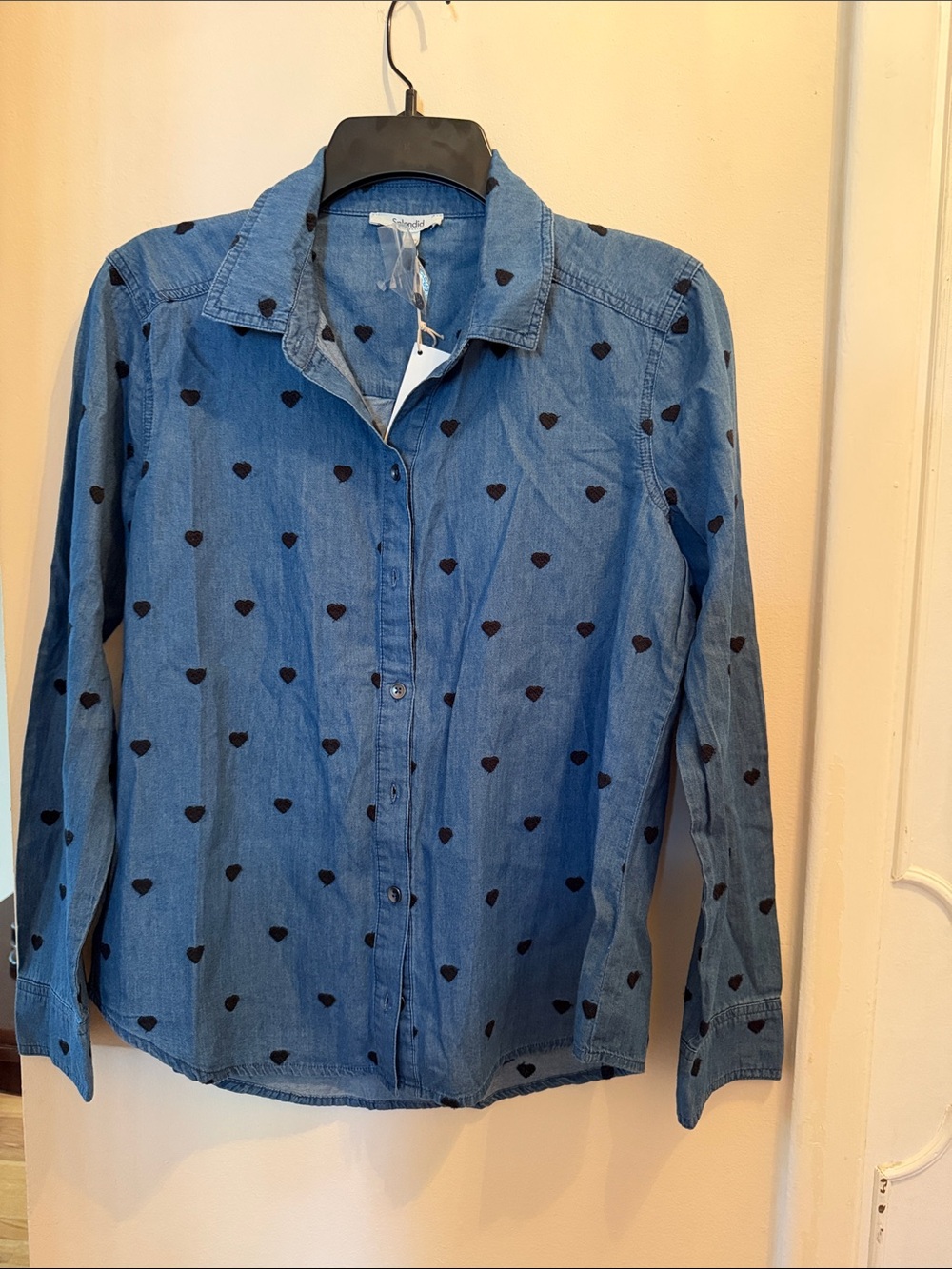 NWT Splendid Denim Shirt with Black embroidered  Heart Embroidery S